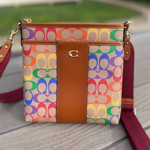 Coach Kitt Messenger Crossbody in Rainbow Signature Canvas Pride Tan - Picture 1 of 6